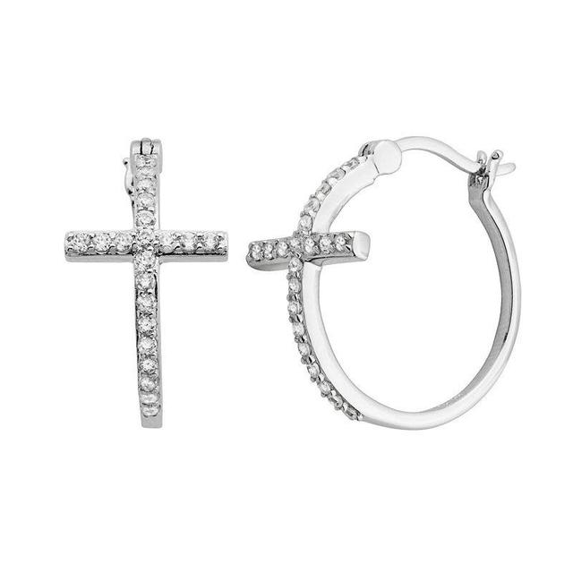 Sterling Silver Cubic Zirconia Cross Hoop Earrings, Womens, White Product Image