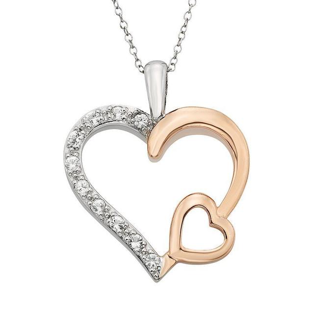 Lab-Created White Sapphire Sterling Silver Two Tone Double Heart Pendant Necklace, Womens Product Image