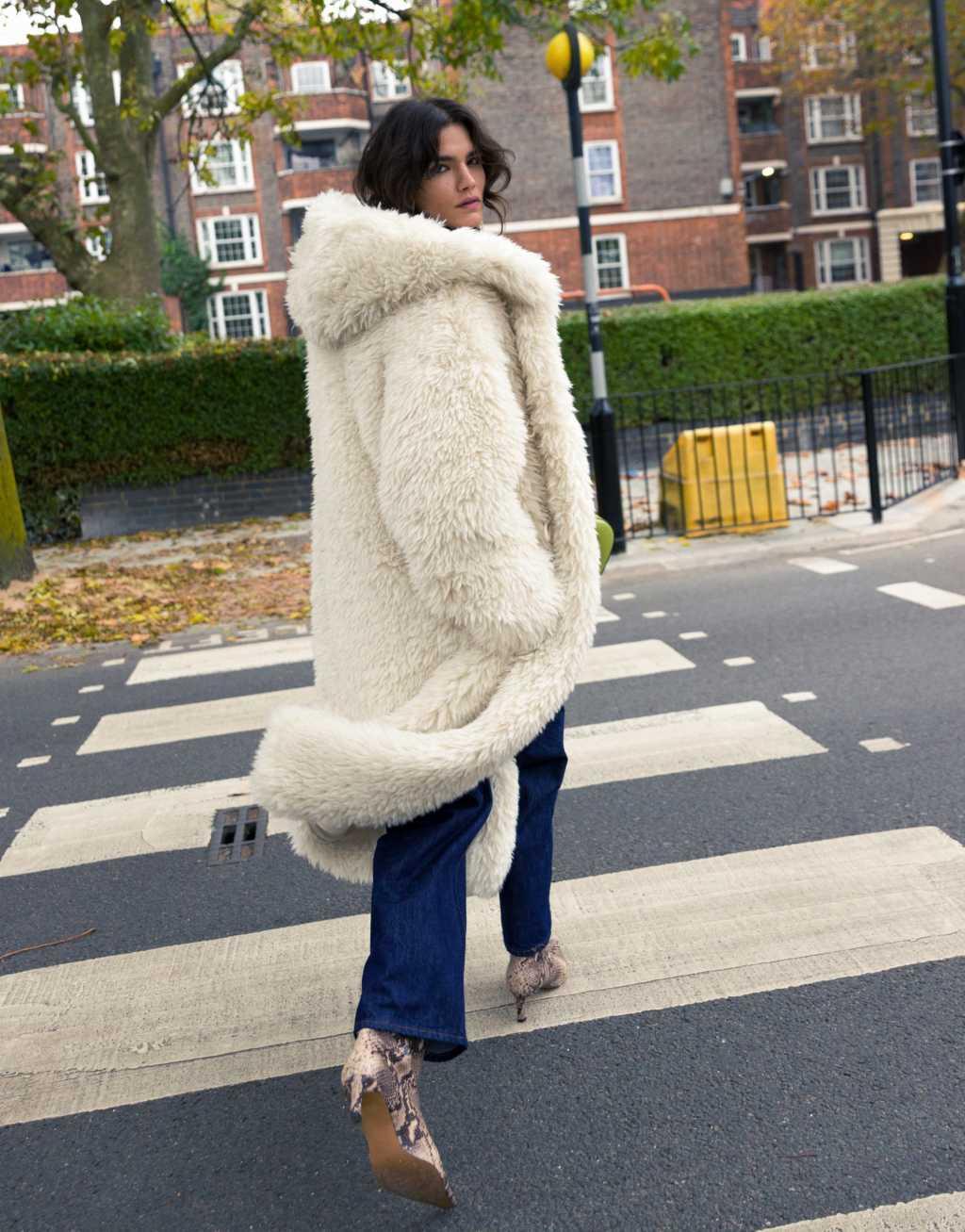 Topshop faux fur duffle hooded long coat in cream Product Image