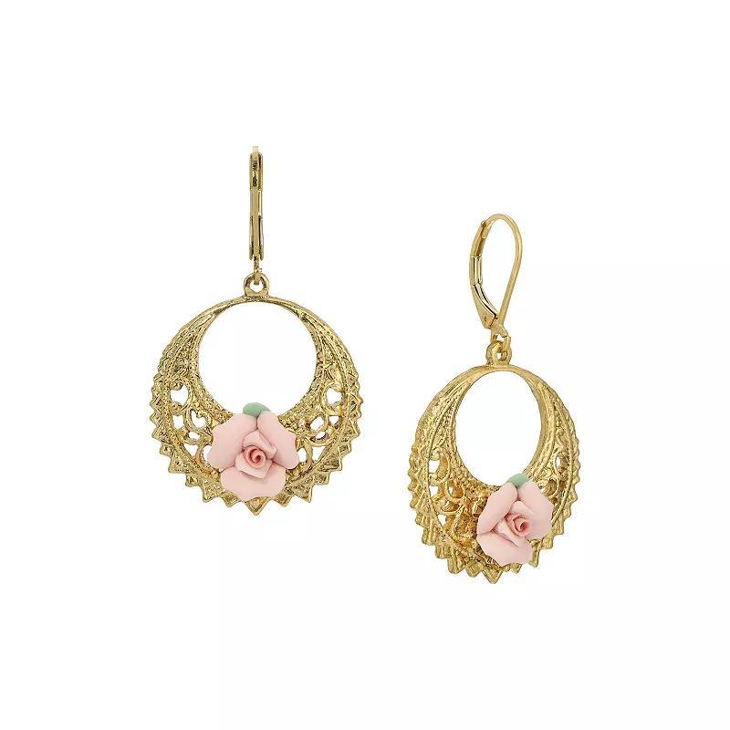 1928 Gold Tone Porcelain Rose Filigree Drop Earrings, Womens, Pink Product Image