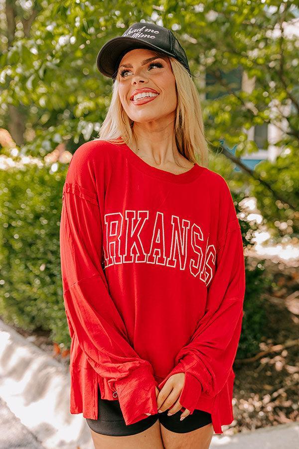 Arkansas Embroidered Long Sleeve Tee in Red Curves Product Image