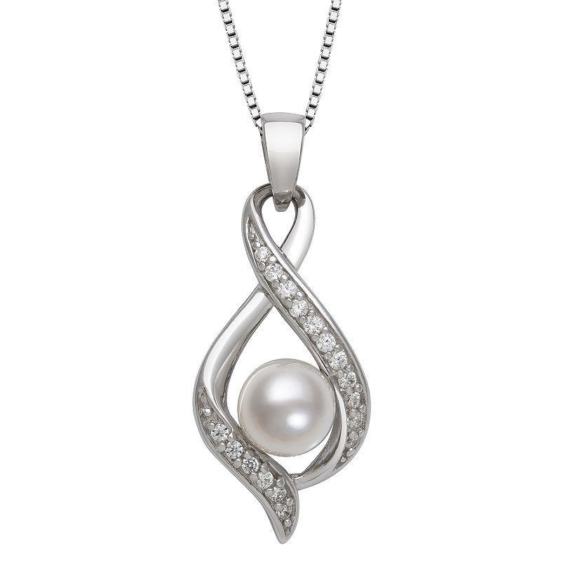 Sterling Silver Freshwater Cultured Pearl & Lab Created White Sapphire Twist Pendant Necklace, Womens, Size: 18 Product Image