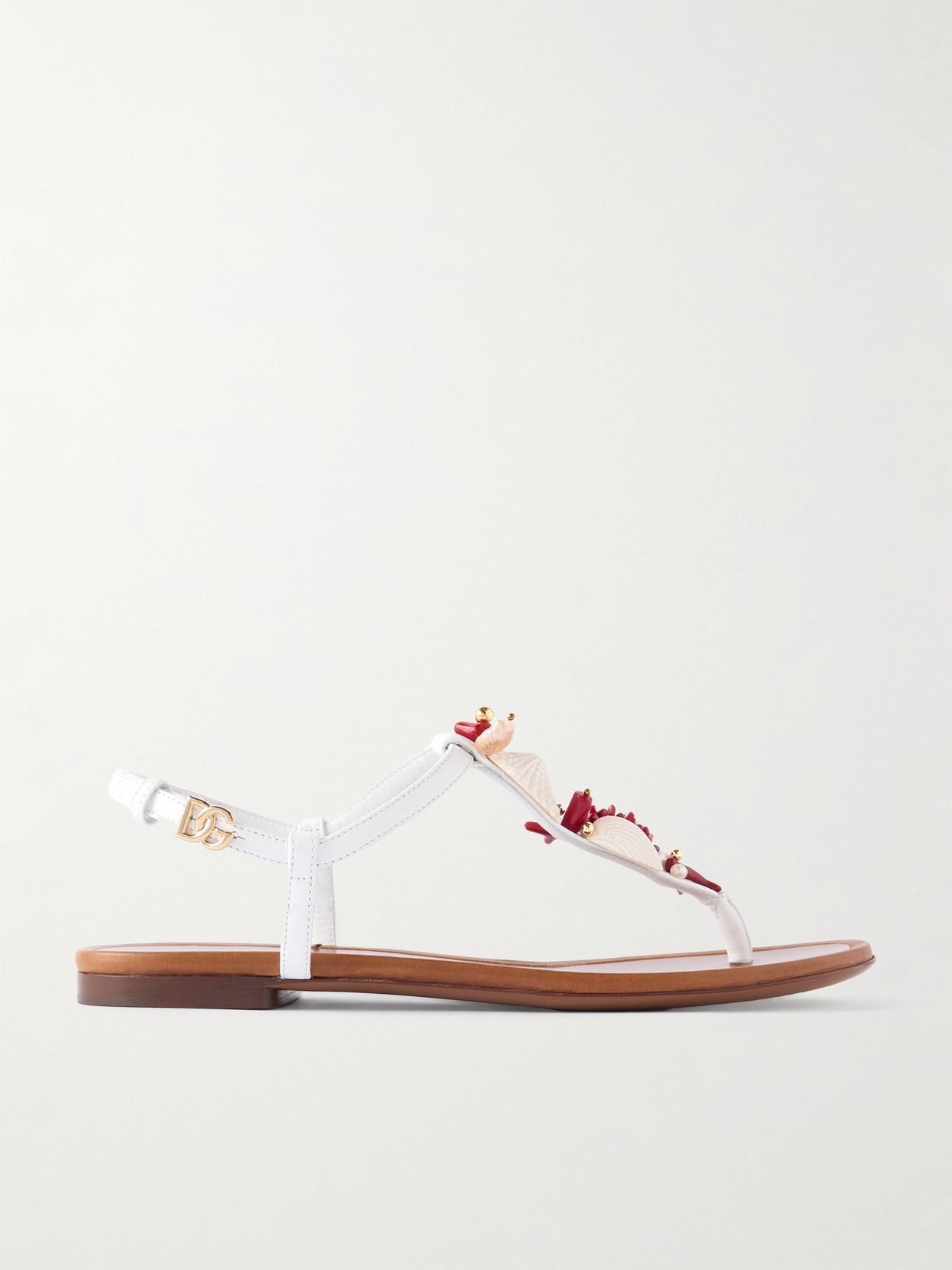 DOLCE & GABBANA Embellished Leather Sandals In White Product Image