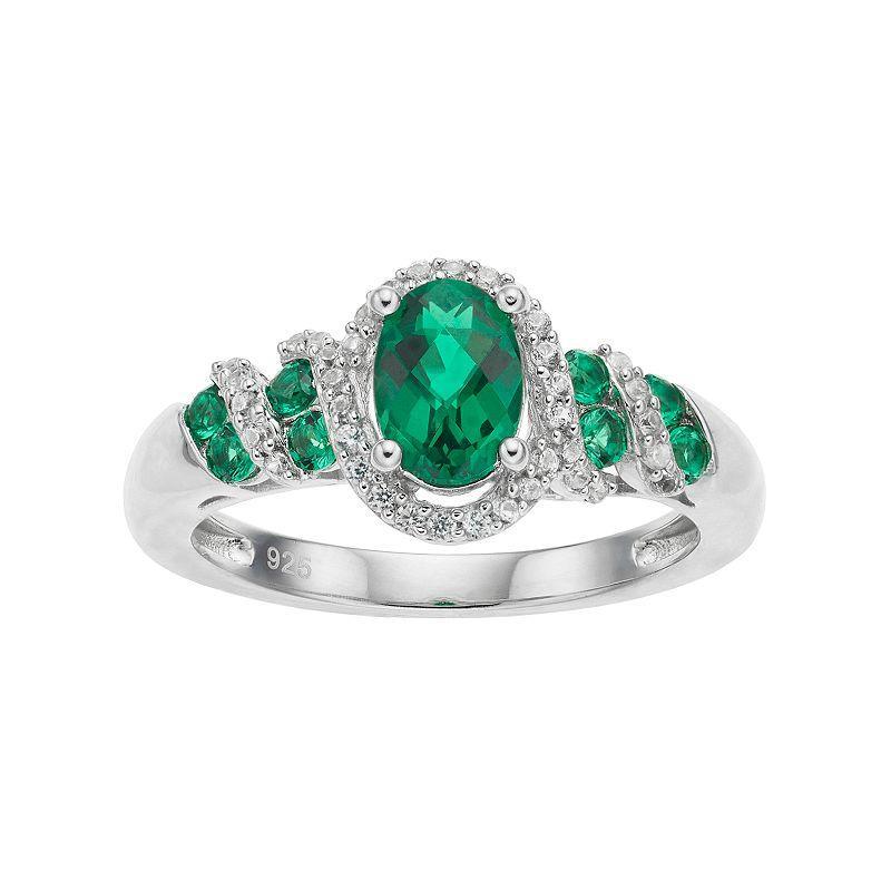 Sterling Silver Lab-Created Emerald & White Sapphire Oval Halo Ring, Womens Green Product Image