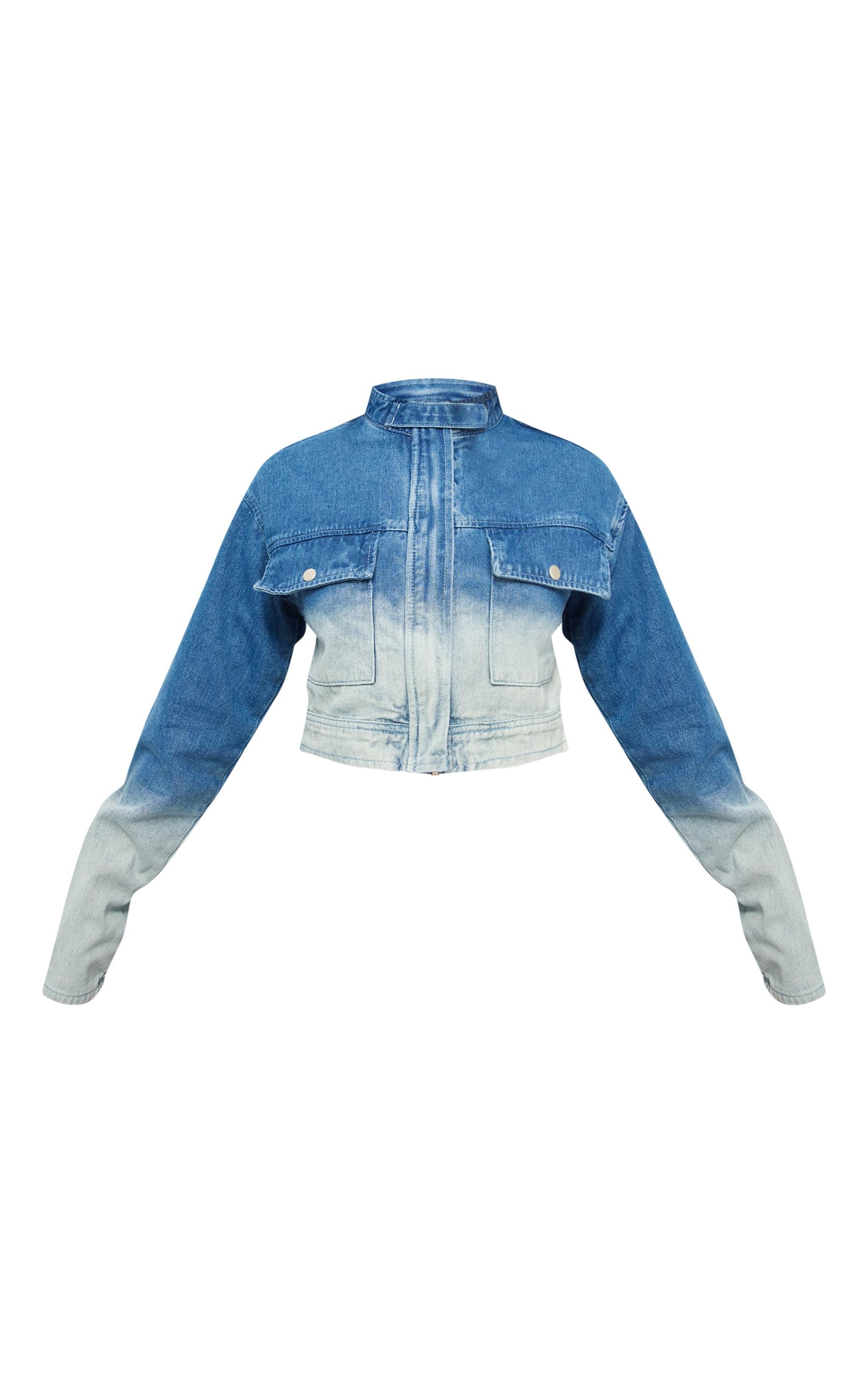 Blue Ombre Denim Pocket Cropped Jacket Product Image