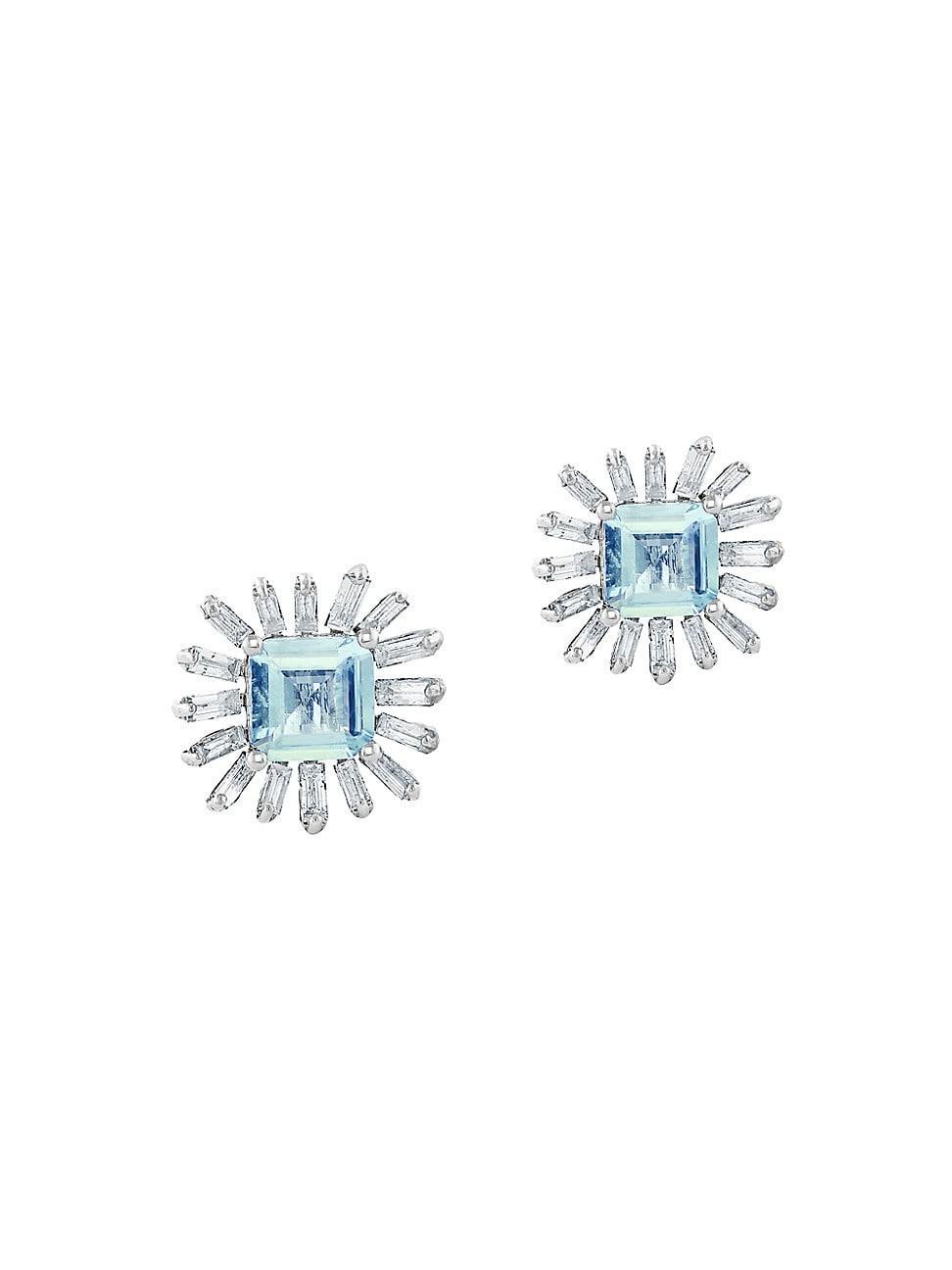 Womens 14K White Gold, Diamond & Aquamarine Stud Earrings Product Image