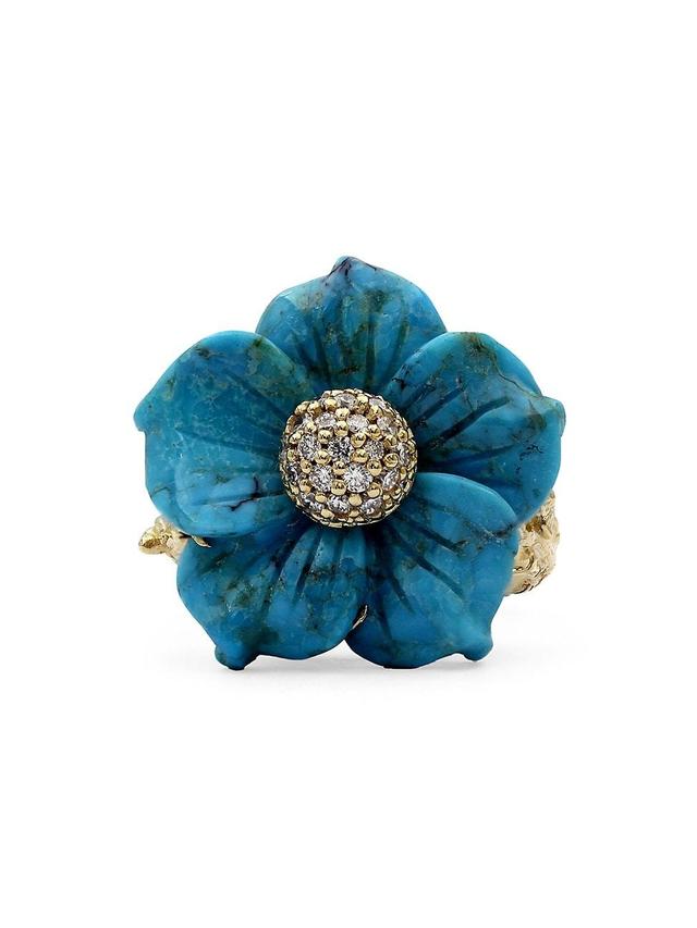 Womens Luxury 18K Yellow Gold, Turquoise, & 0.25 TCW Diamond Flower Ring Product Image