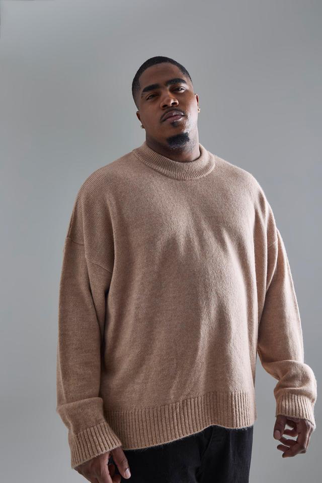 Plus Oversized Knitted Drop Shoulder Jumper In Stone | boohooMAN USA Product Image