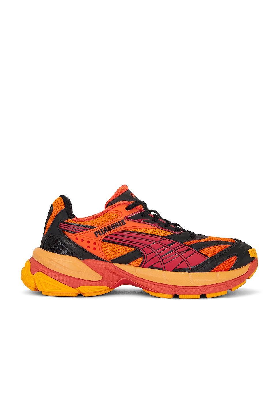 Puma Select X Pleasures Velophasis Layers Sneaker in Orange. Size 10, 10.5, 11, 11.5, 12, 8, 8.5, 9, 9.5. Product Image