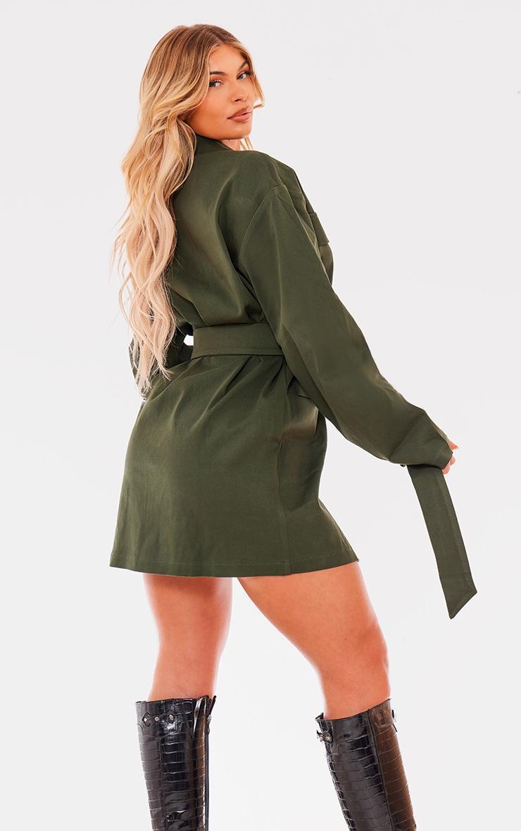 Khaki Woven Button Belted Blazer Dress Product Image