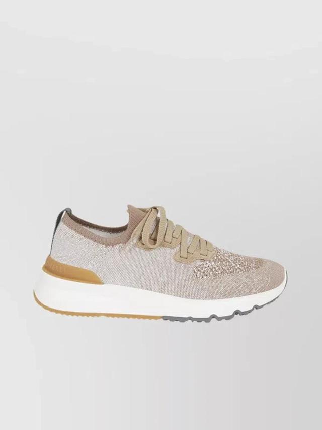 BRUNELLO CUCINELLI Embellished Detail Knit Upper Sneakers In Beige Product Image