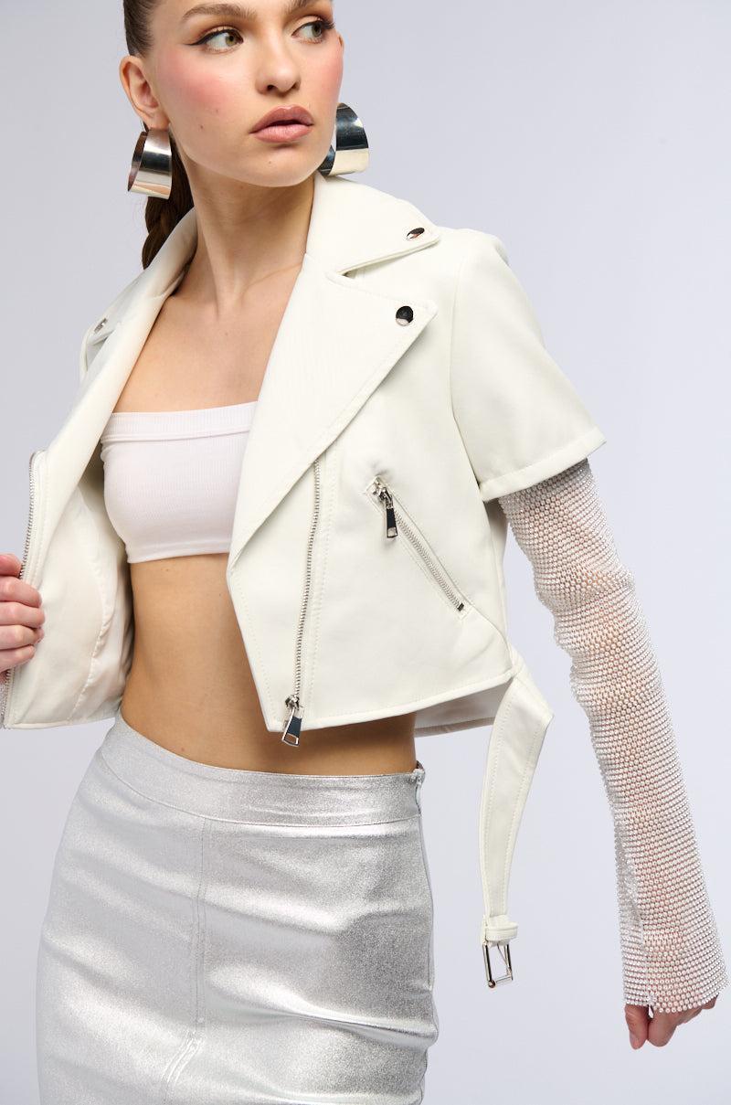 ACEROLA BLING RHINESTONE SLEEVE MOTO JACKET IN WHITE Product Image