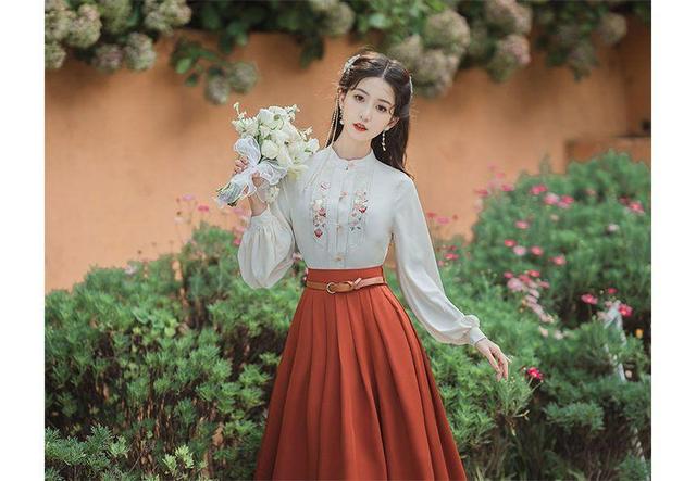 Puff-Sleeve Floral Embroidered Blouse / High Waist Plain Midi A-Line Skirt / Belt / Set Product Image