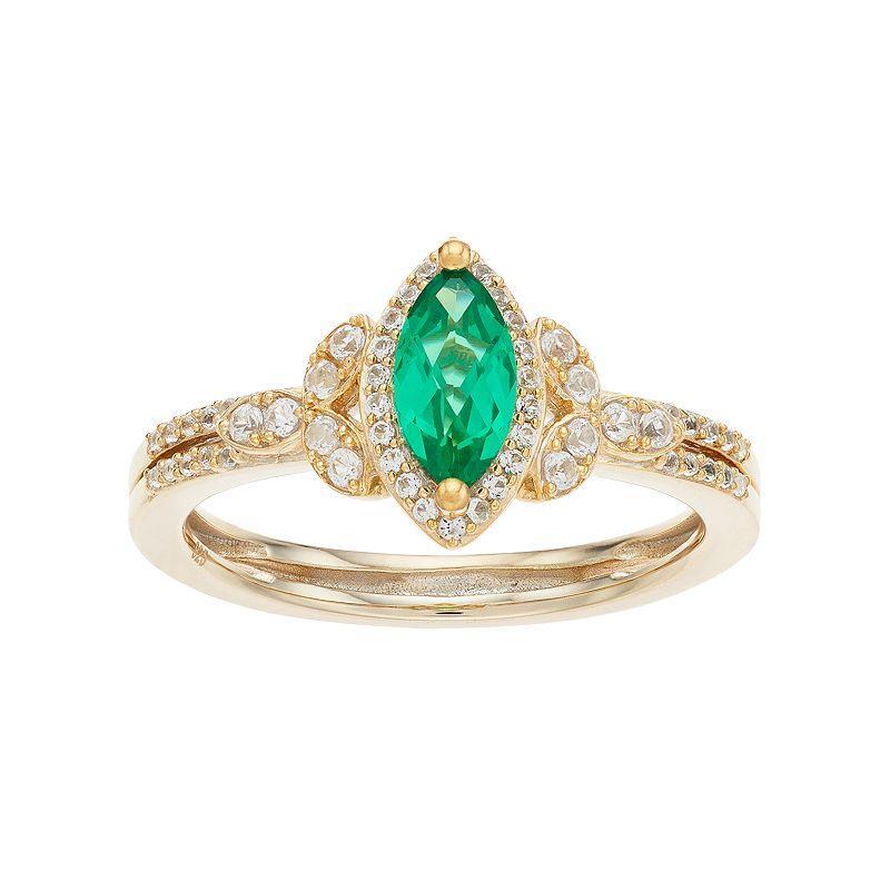 14k Gold Over Silver Lab-Created Emerald & White Sapphire Marquise Halo Ring, Womens Gold Tone Product Image