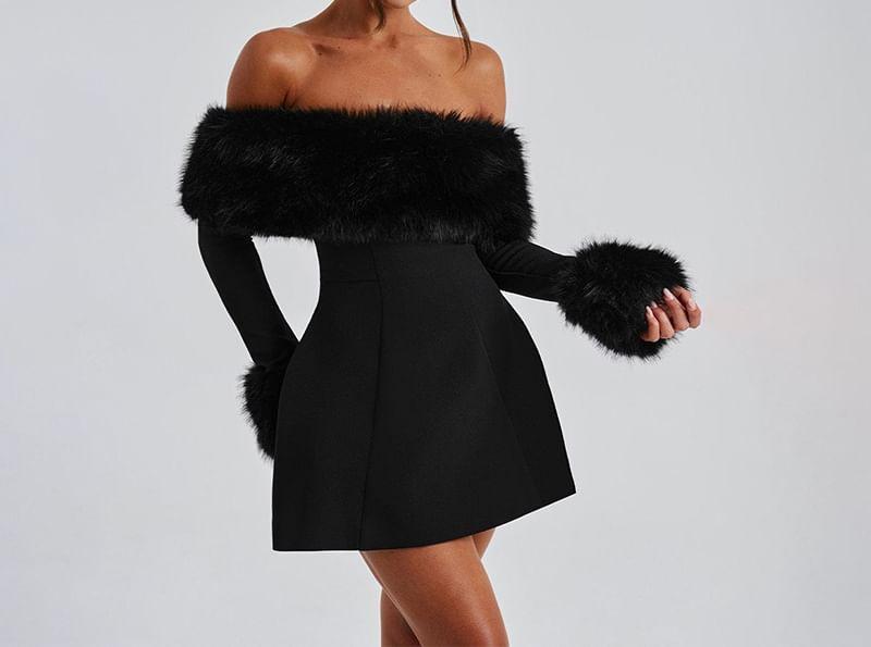 Long-Sleeve Off-Shoulder Plain Fluffy Panel Mini A-Line Dress Product Image