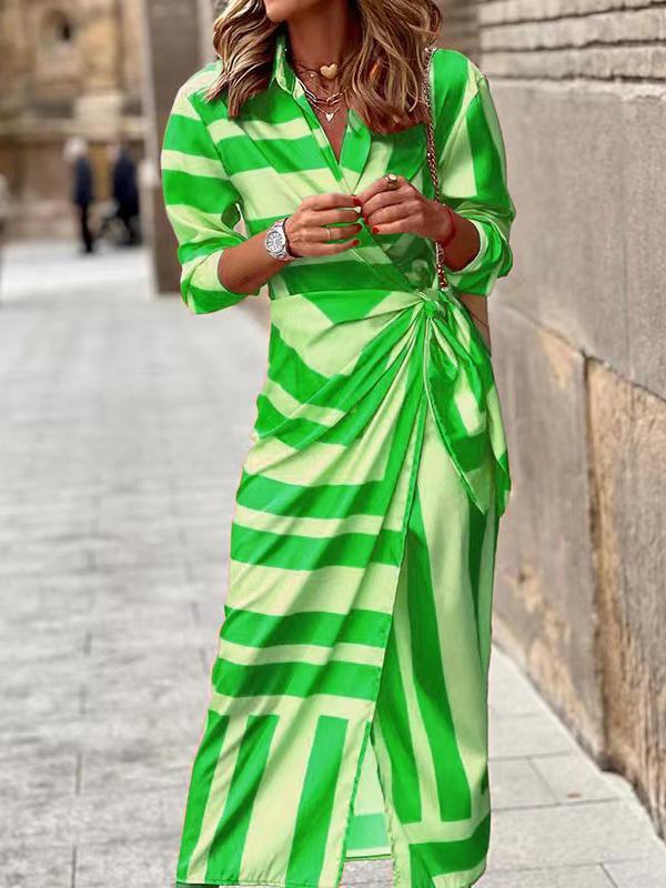 High Waisted Long Sleeves Asymmetric Knot Printed Striped Lapel Maxi Dresses Product Image