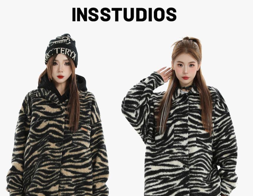 Collared Zebra Print Button-Up Jacket Product Image