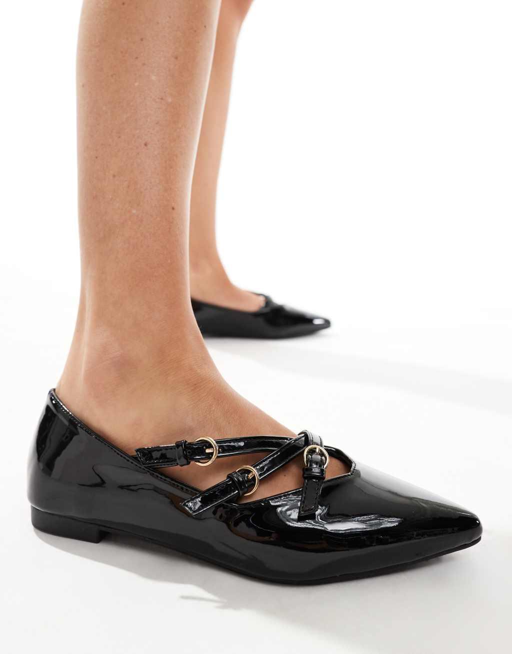 SEQWL pointed strappy ballet flats in black patent Product Image