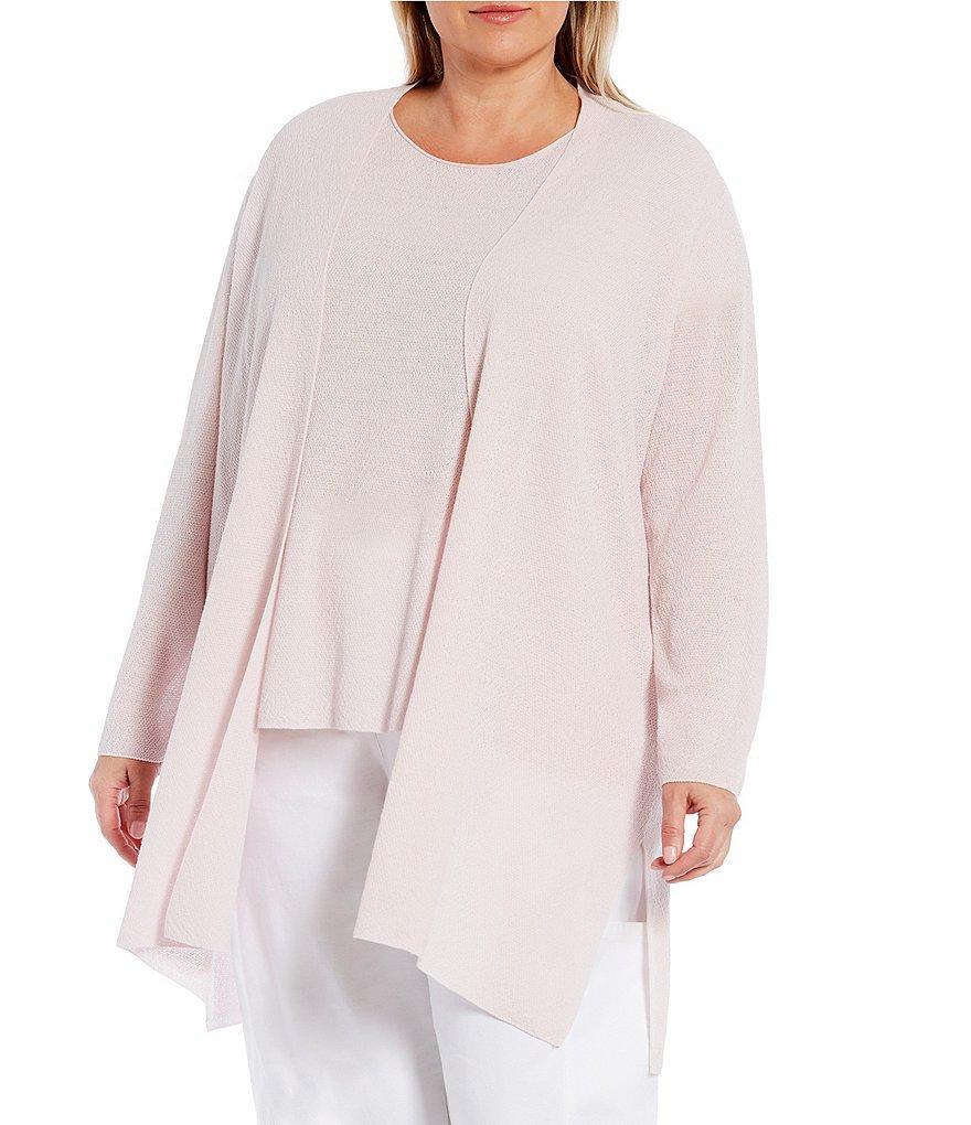 Eileen Fisher Plus Size Merino Wool Crepe Long Sleeve Side Slit Open-Front Cardigan Product Image