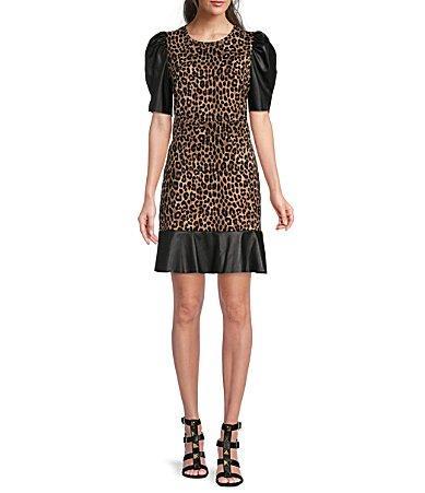 MICHAEL Michael Kors Cheetah Print Knit Crew Neck Short Puff Sleeve Tiered Ruffle Hem Sheath Dress Product Image