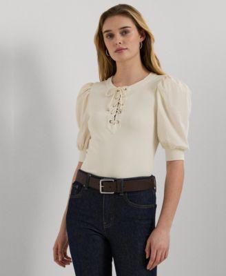 Petite Lace-Up Stretch Cotton Puff-Sleeve Top Product Image