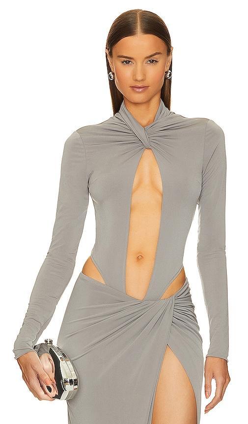 LaQuan Smith Keyhole Bodysuit With Ruched Neck Detail in Grey. Product Image