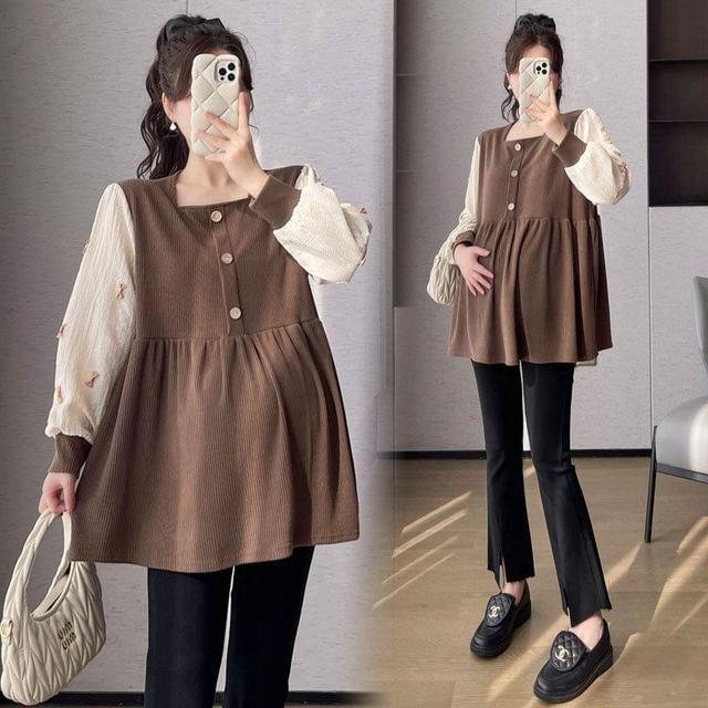 Maternity Long-Sleeve Square Neck Two Tone Blouse Product Image