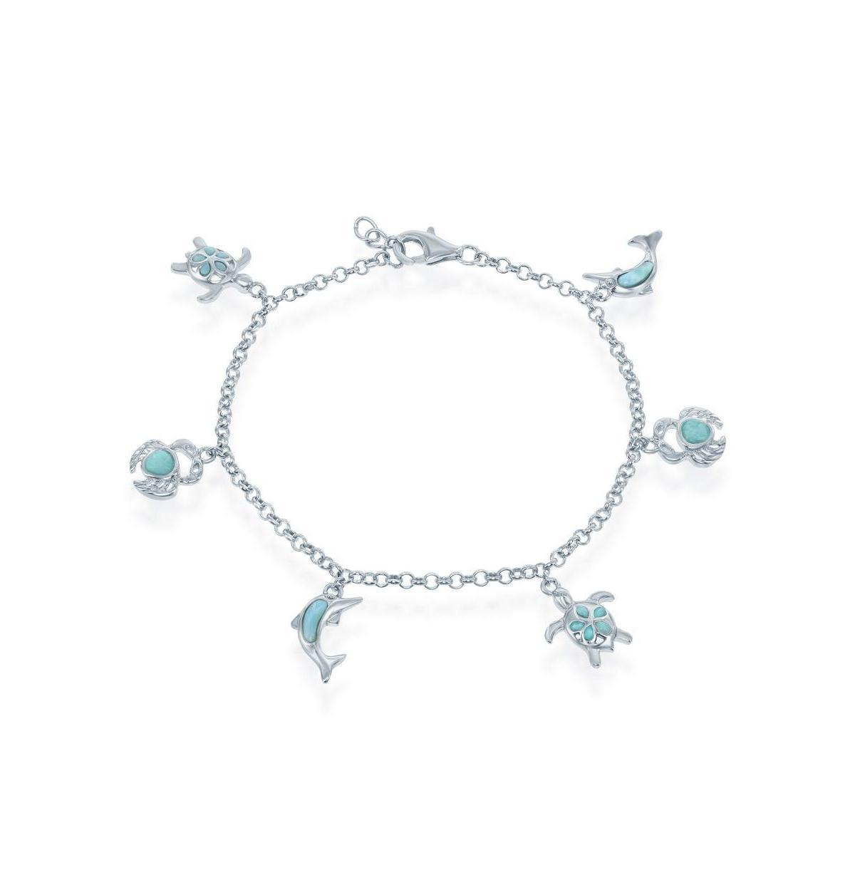 Sterling Silver Larimar Turtle, Dolphin & Crab Charm Bracelet, Womens Product Image