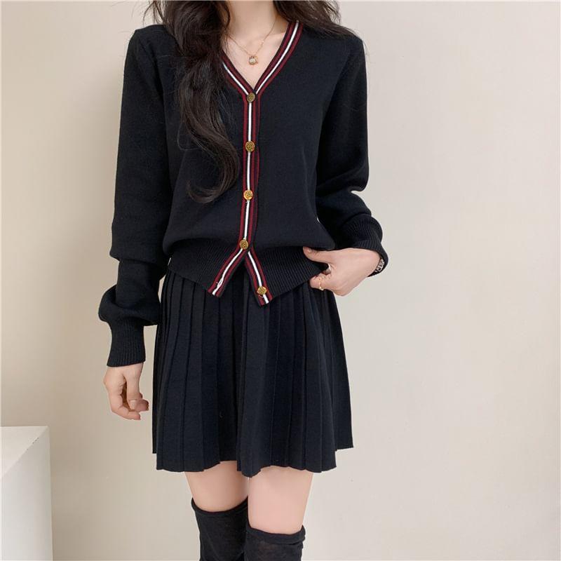 Set: V-Neck Contrast Trim Button-Up Cardigan + High Waist Plain Pleated Knit Mini A-Line Skirt Product Image