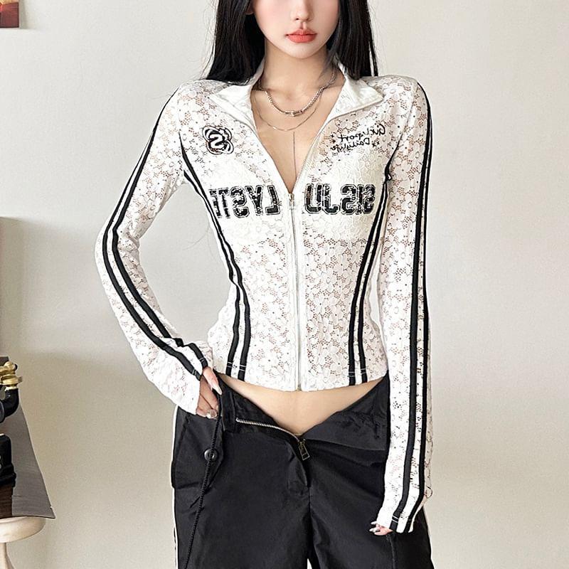 Stand Collar Lettering Print Striped Lace Zip Jacket Product Image