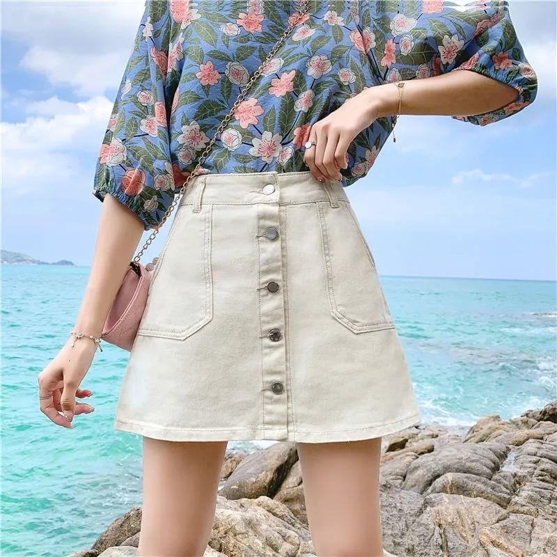 High Waist Denim Button-Up Skort Product Image