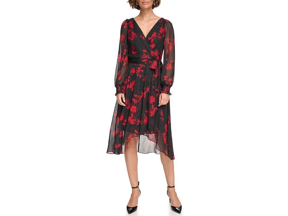 DKNY Metallic Printed Surplice V-Neckline Long Sleeve Faux Wrap Dress Product Image