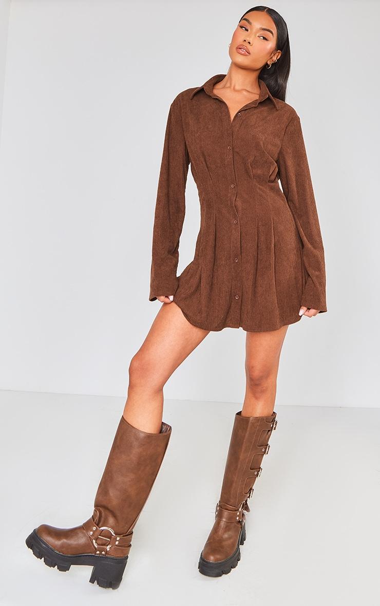 Chocolate Cord Flared Sleeve Button Shift Dress Product Image