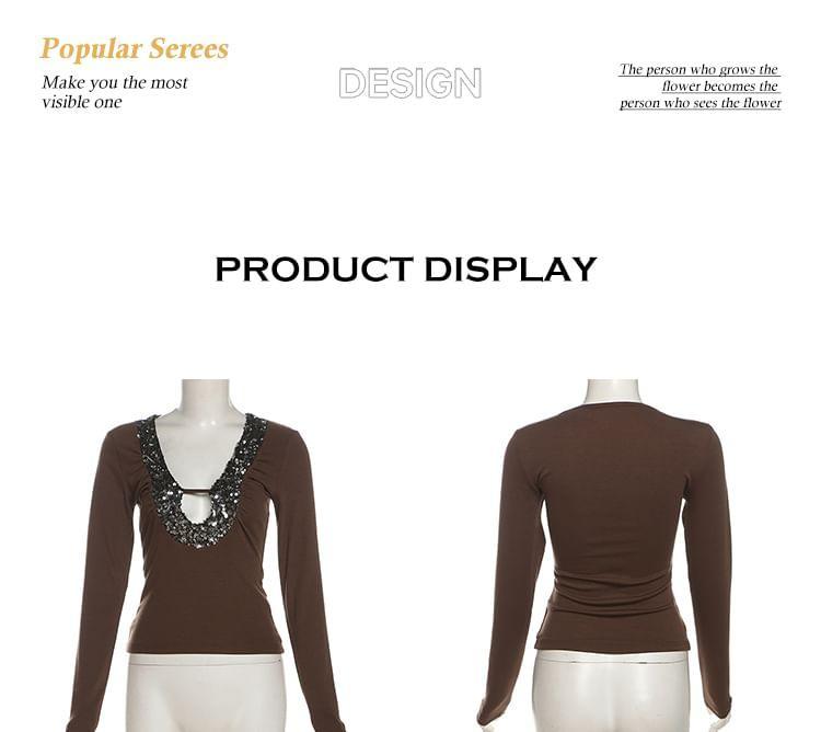 Long-Sleeve Scoop Neck Plain Sequin T-Shirt Product Image