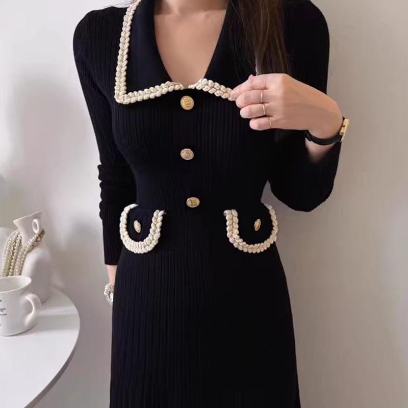 Long Sleeve Collared Contrast Trim Button Knit Maxi A-Line Dress Product Image