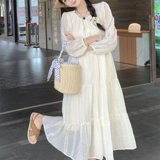 Puff-Sleeve Embroidered Lace Trim Maxi Smock Dress Product Image