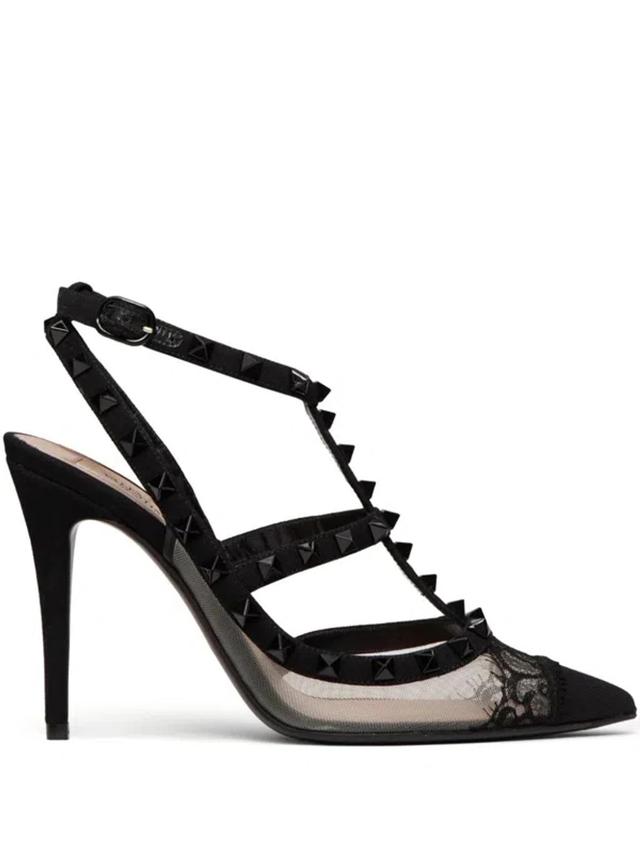 VALENTINO GARAVANI Rockstud Lace T-strap Pumps In Black Product Image