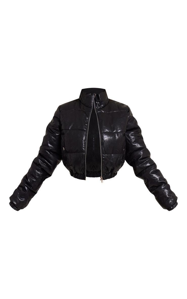 Black Textured Faux Leather Puffer Jacket Product Image