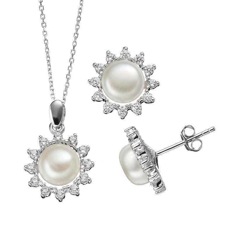 Freshwater Cultured Pearl & Cubic Zirconia Sterling Silver Flower Pendant Necklace & Button Stud Earring Set, Womens White Product Image