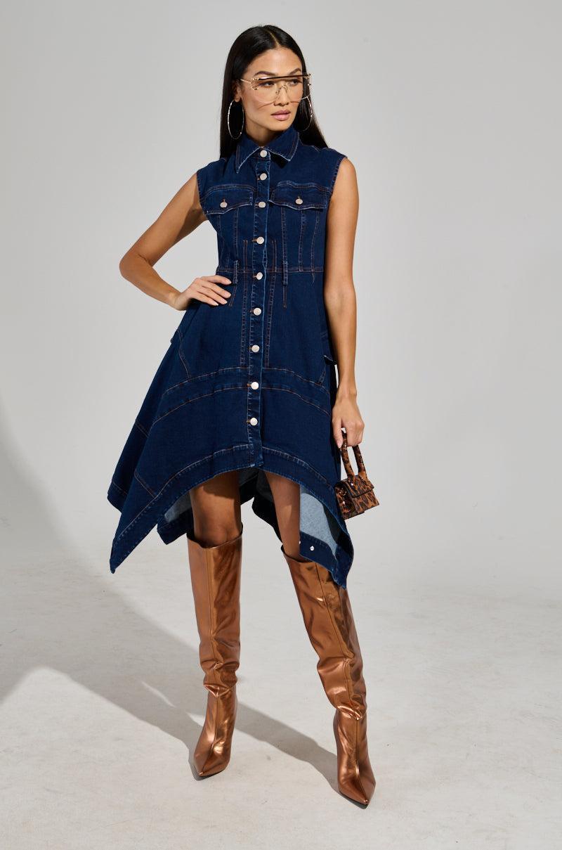 WINONA CAP SLEEVE BUTTON DOWN DENIM MIDI DRESS IN DARK BLUE Product Image