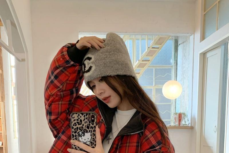 Stand Collar Reversible Plaid Zip-Up Jacket Product Image