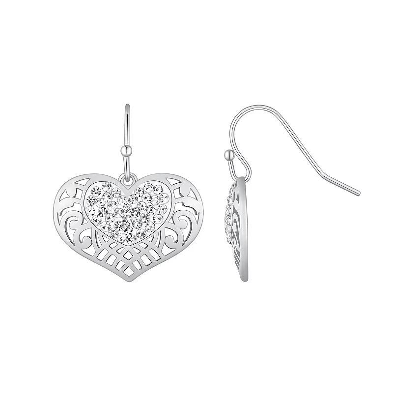 Chrystina Fine Silver Plated Crystal Filigree Heart Drop Earrings, Womens, Silver Tone Product Image