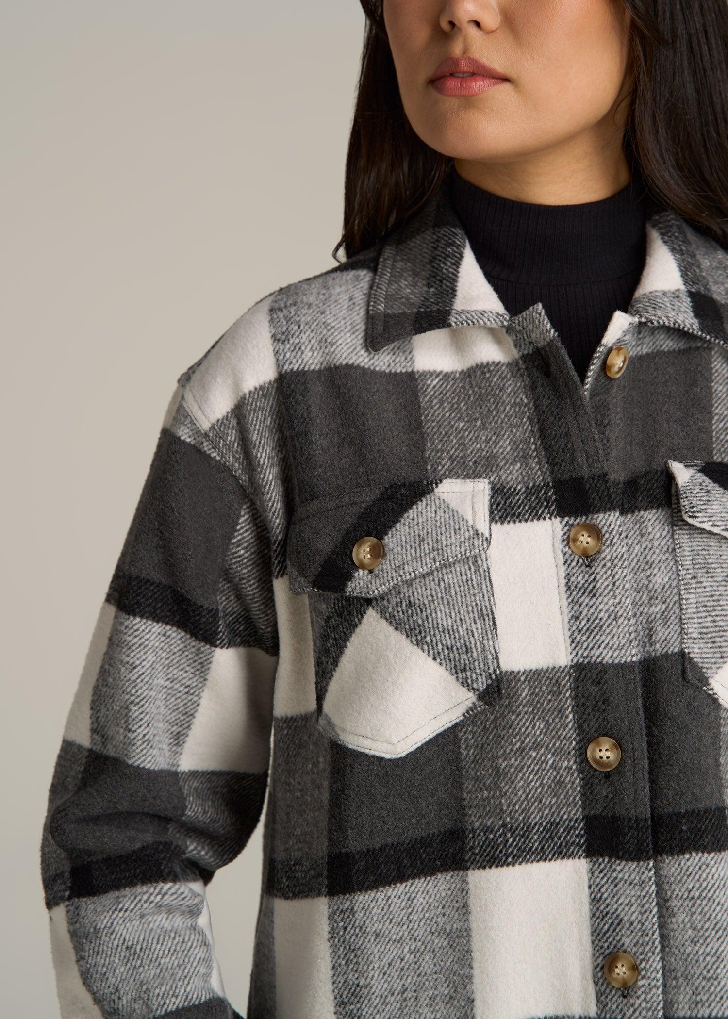 Flannel Women's Tall Shacket in Grey and Black Plaid Female Product Image