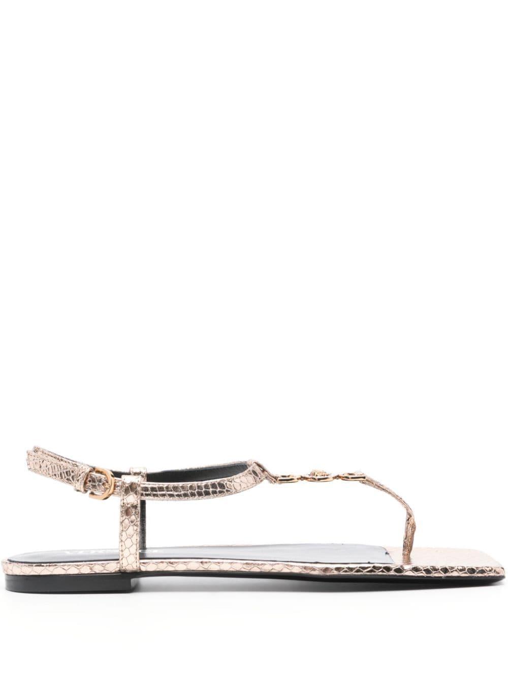 Medusa Metallic T-strap Flat Sandals In Gold Product Image