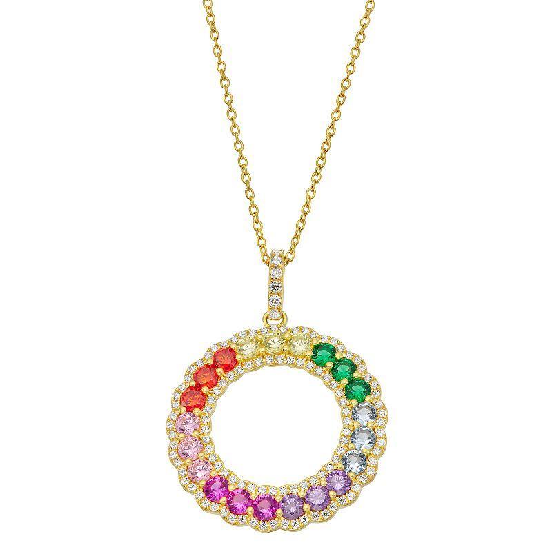 14k Gold Over Sterling Silver Rainbow Cubic Zirconia Accent Circle Pendant Necklace, Womens Multicolor Product Image