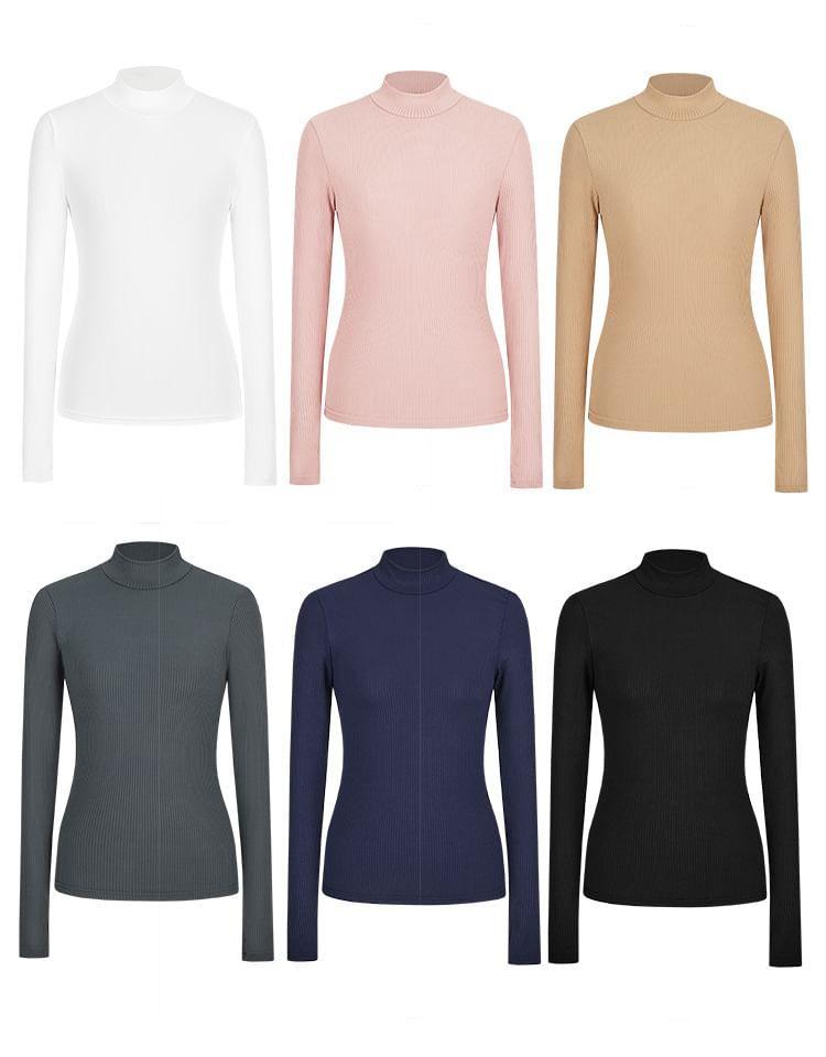 Long-Sleeve Mock Neck Plain Ribbed Slim Fit T-Shirt Product Image