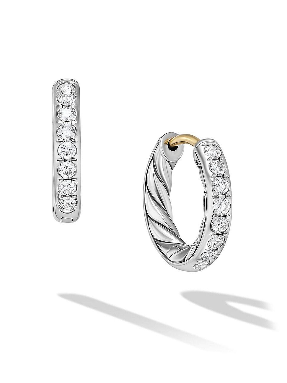 Womens Sculpted Cable Huggie Hoop Earrings In Sterling Silver With Diamonds Product Image