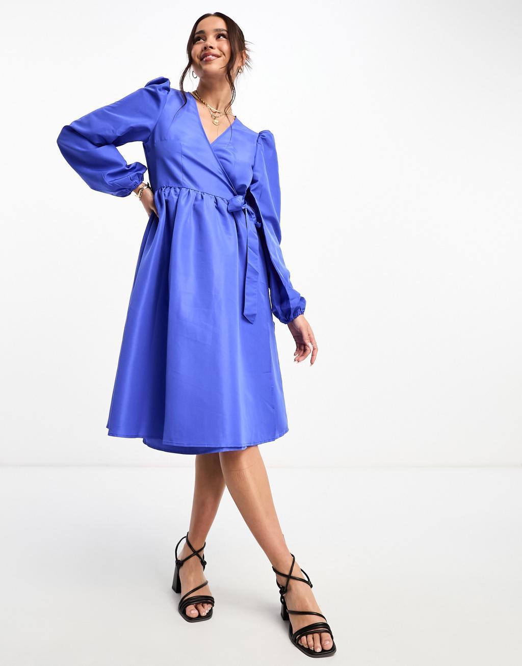 Monki midi wrap dress in blue Product Image