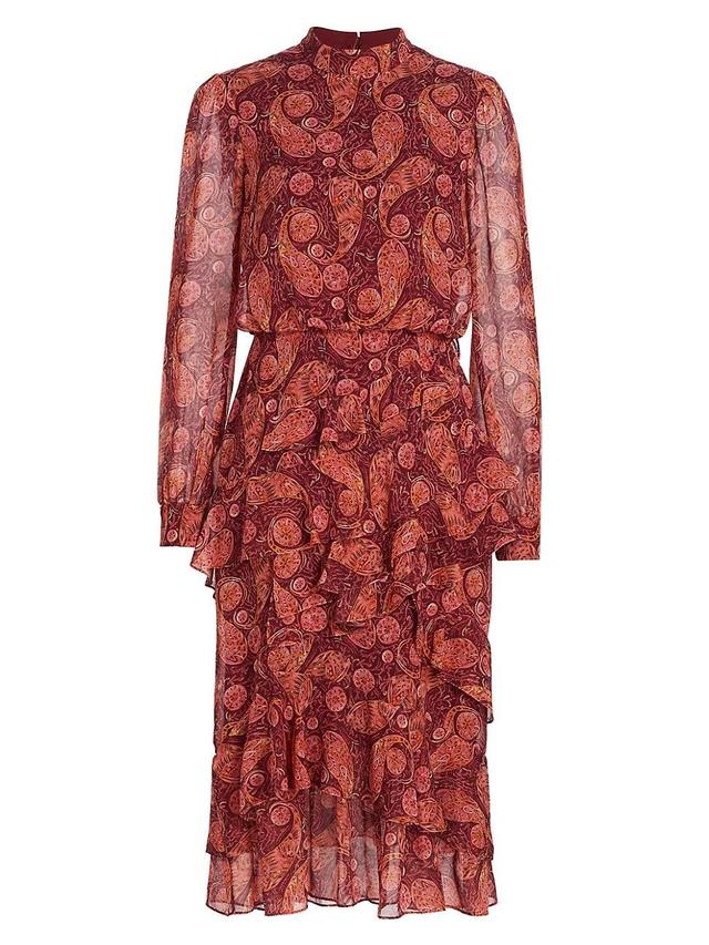 Womens Isa Ruffled Printed Silk Midi-Dress Product Image