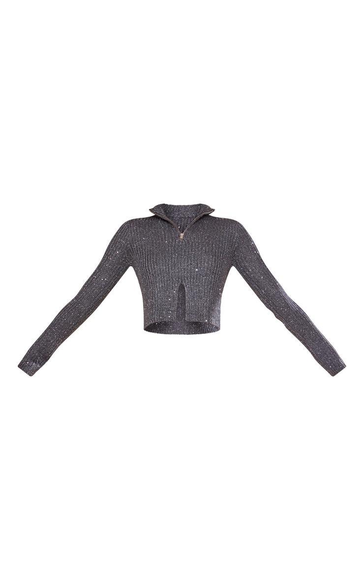 Charcoal Sequin Knitted Double Zip Sweater Product Image